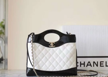 CHANEL Patent Calfskin Quilted Mini 31 Shopping Bag White/ Black